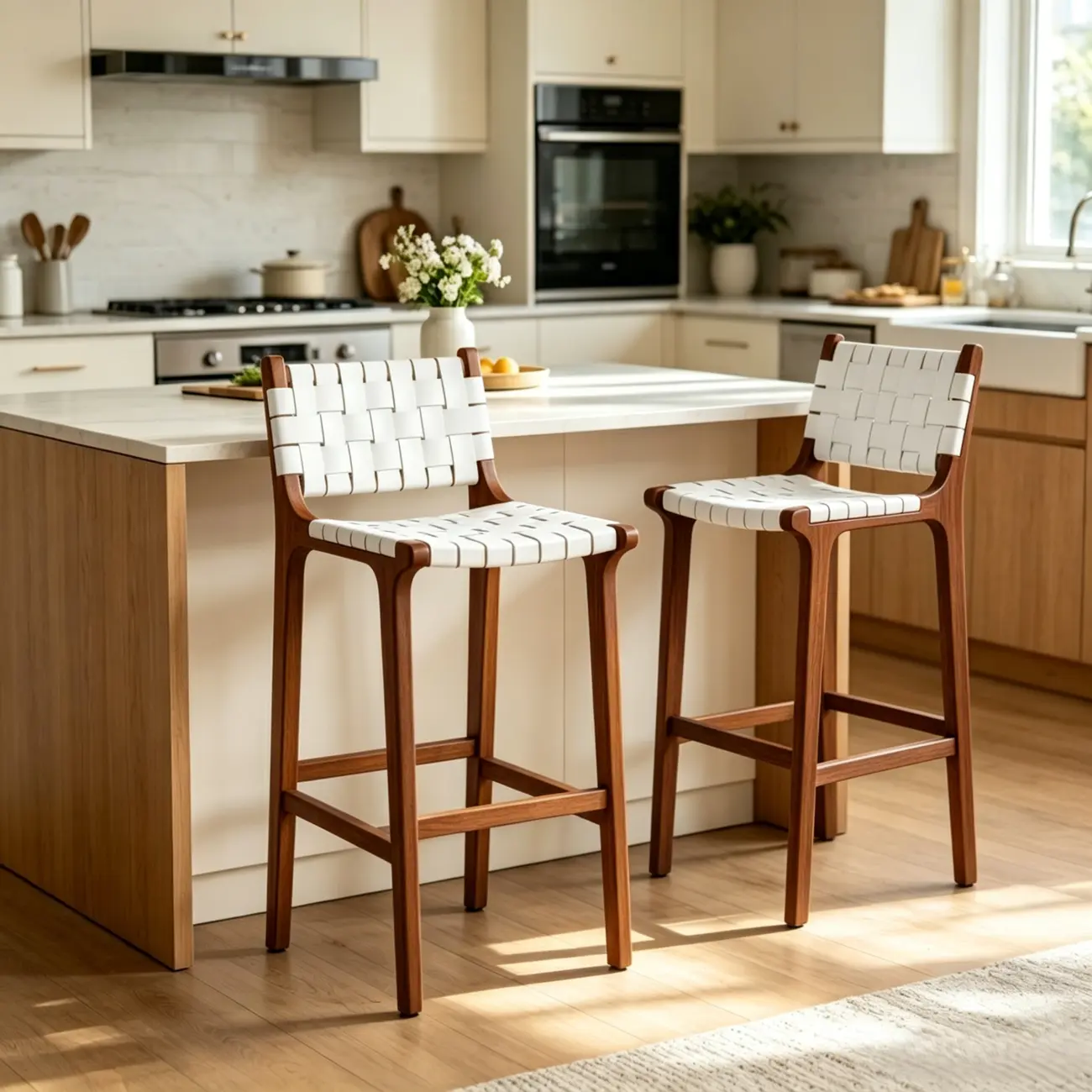 Rustic Faux Leather Wooden Woven Bar Stool Image - 5 | homeyfad
