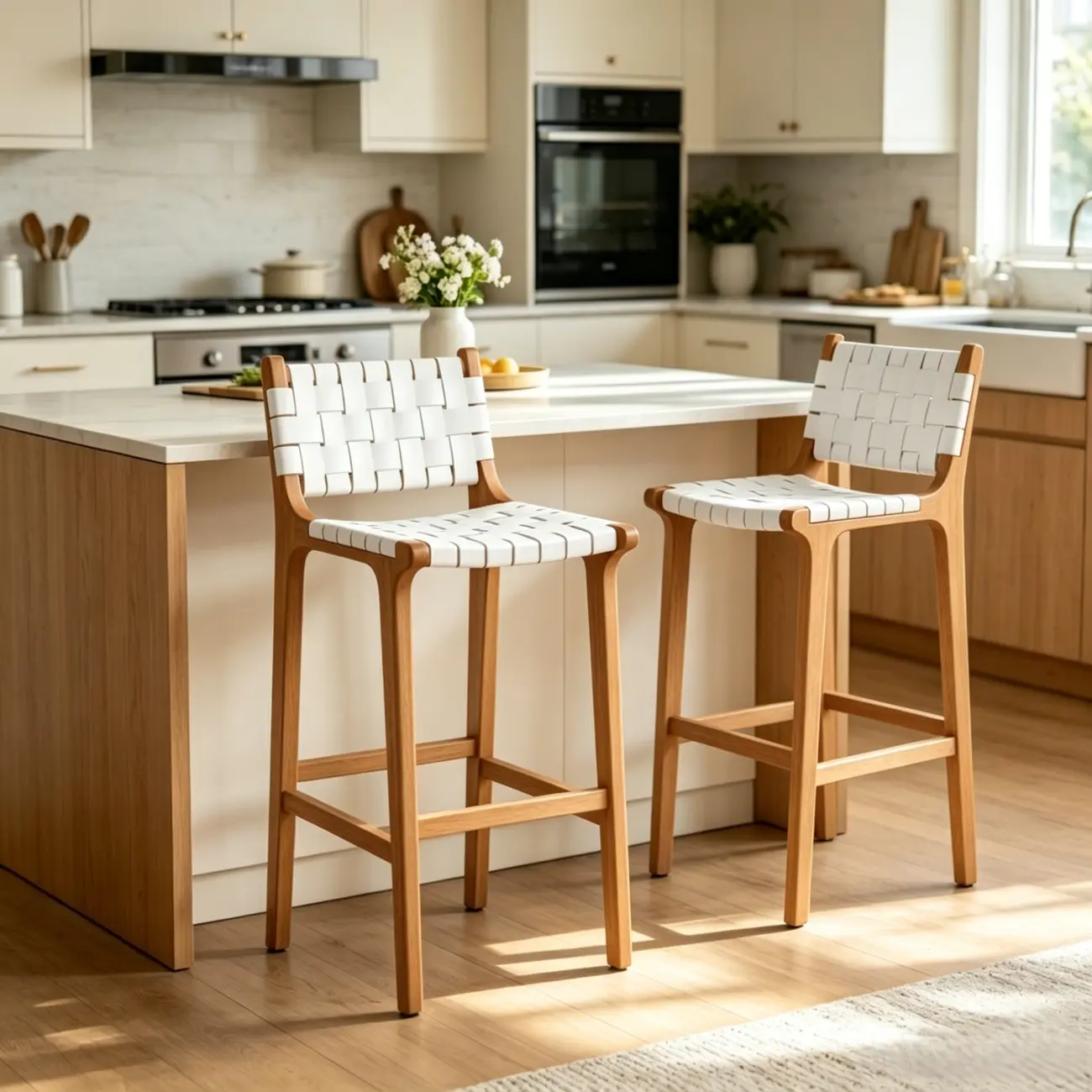 Rustic Faux Leather Wooden Woven Bar Stool Image - 6 | homeyfad