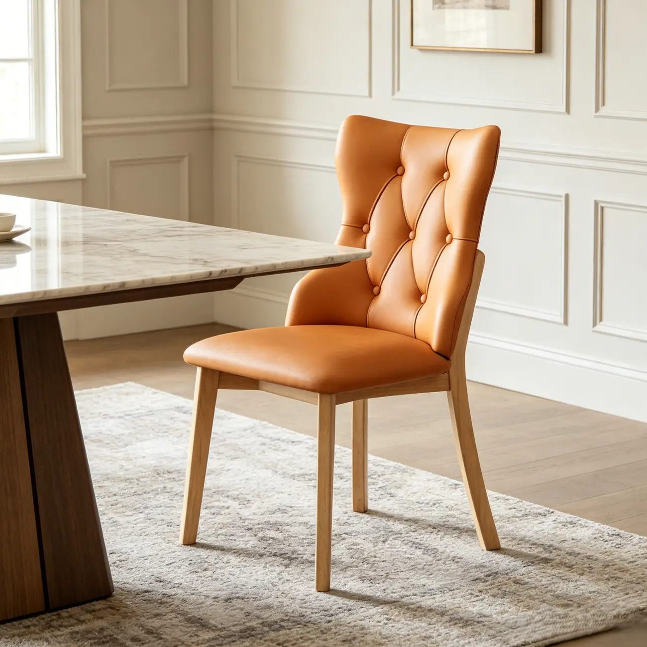 Modern Curved Back Leather Dining Chair with Solid Wood Legs Image - 10 | homeyfad