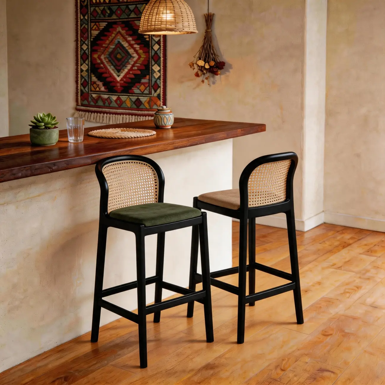 Organic Modern Curved Woven Counter Stools Solid Wood Frame Image - 6 | homeyfad