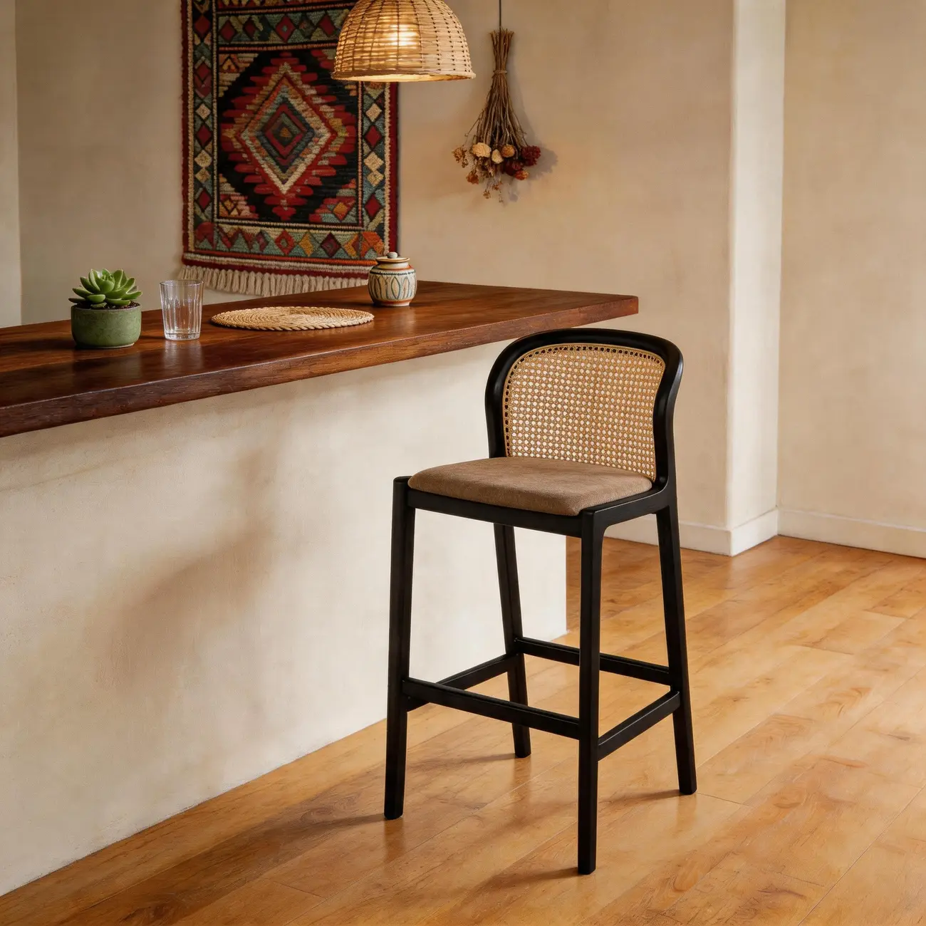 Organic Modern Curved Woven Counter Stools Solid Wood Frame Image - 10 | homeyfad