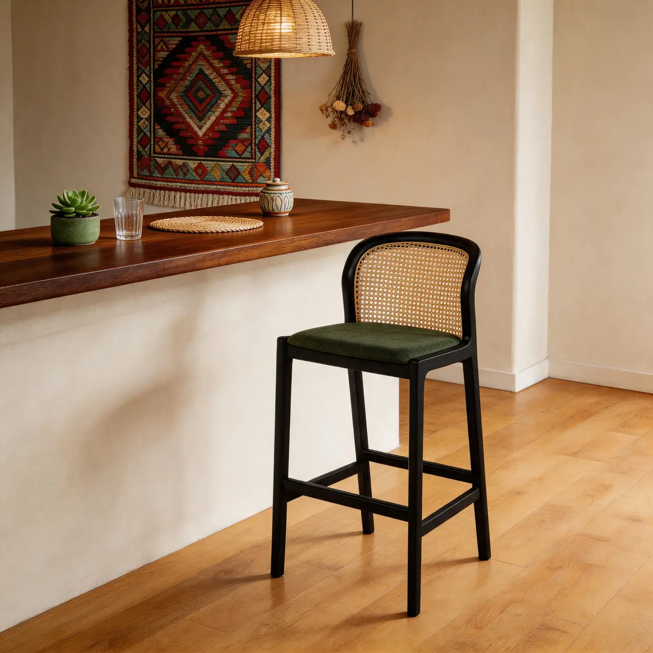 Organic Modern Curved Woven Counter Stools Solid Wood Frame Image - 11 | homeyfad