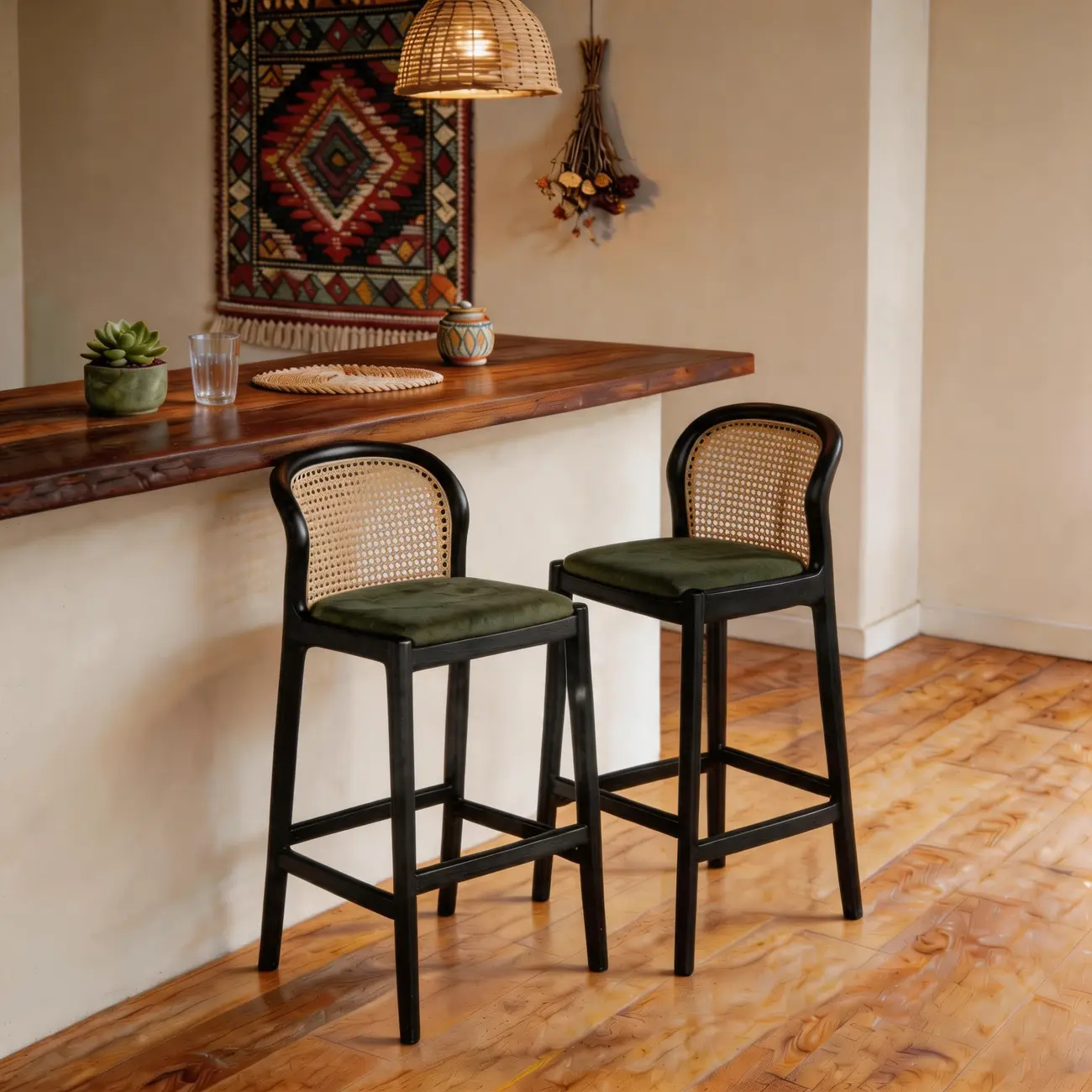 Organic Modern Curved Woven Counter Stools Solid Wood Frame Image - 8 | homeyfad