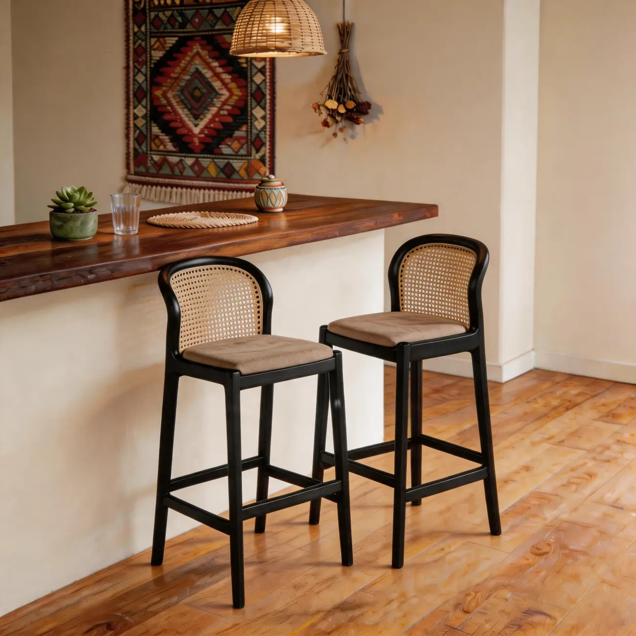 Organic Modern Curved Woven Counter Stools Solid Wood Frame Image - 9 | homeyfad