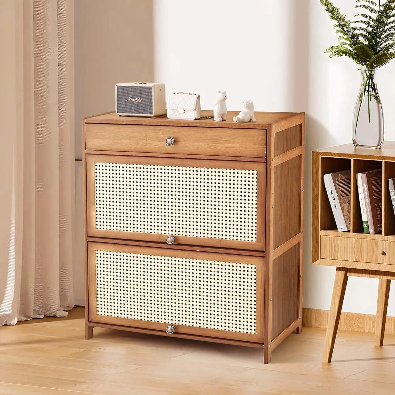Bohemian Brown Wood Shoe Cabinet with Cane Doors Image - 2 | homeyfad