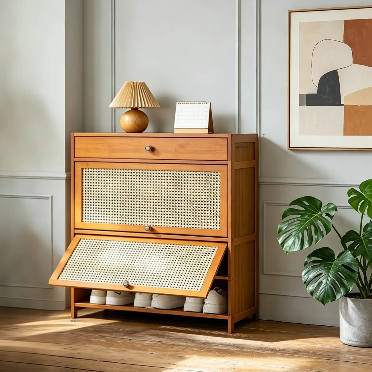 Bohemian Brown Wood Shoe Cabinet with Cane Doors Image - 1 | homeyfad