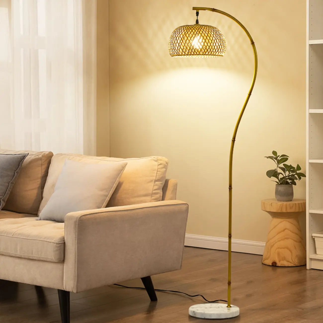 Japandi Modern 62"H Hand-woven Bamboo Shade Arched Floor Lamp Image - 1 | homeyfad