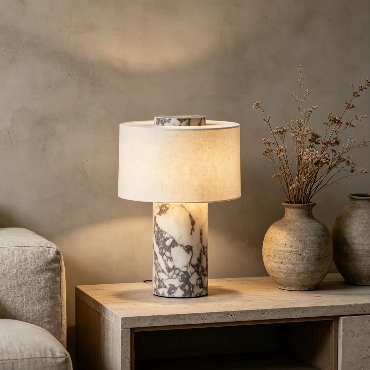 Modern Marble Cylinder Touch Control Bedside Table Lamp Image - 5 | homeyfad