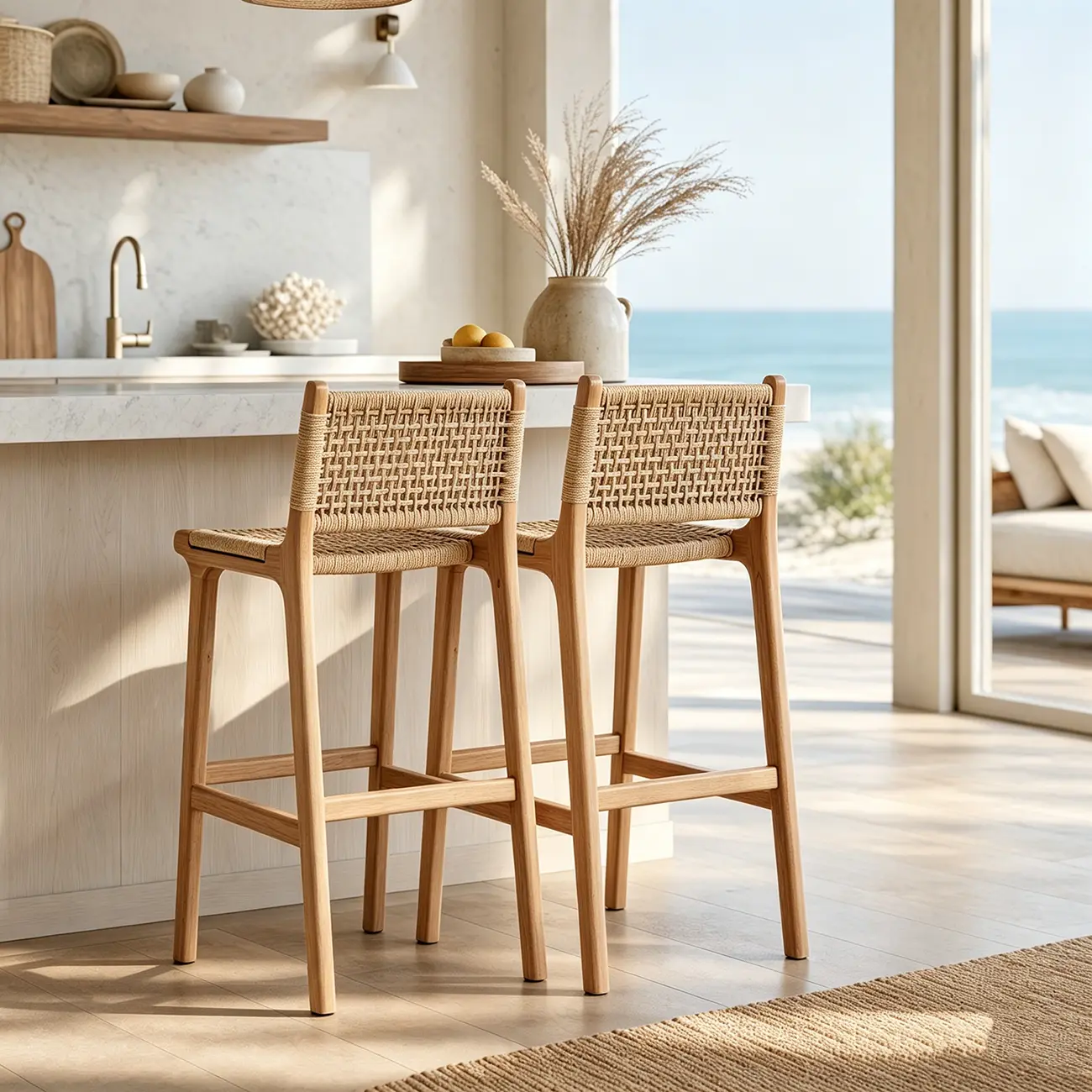 Scandinavian Solid Wood Bar Stool In Paper Cord And Faux Leather Image - 3 | homeyfad