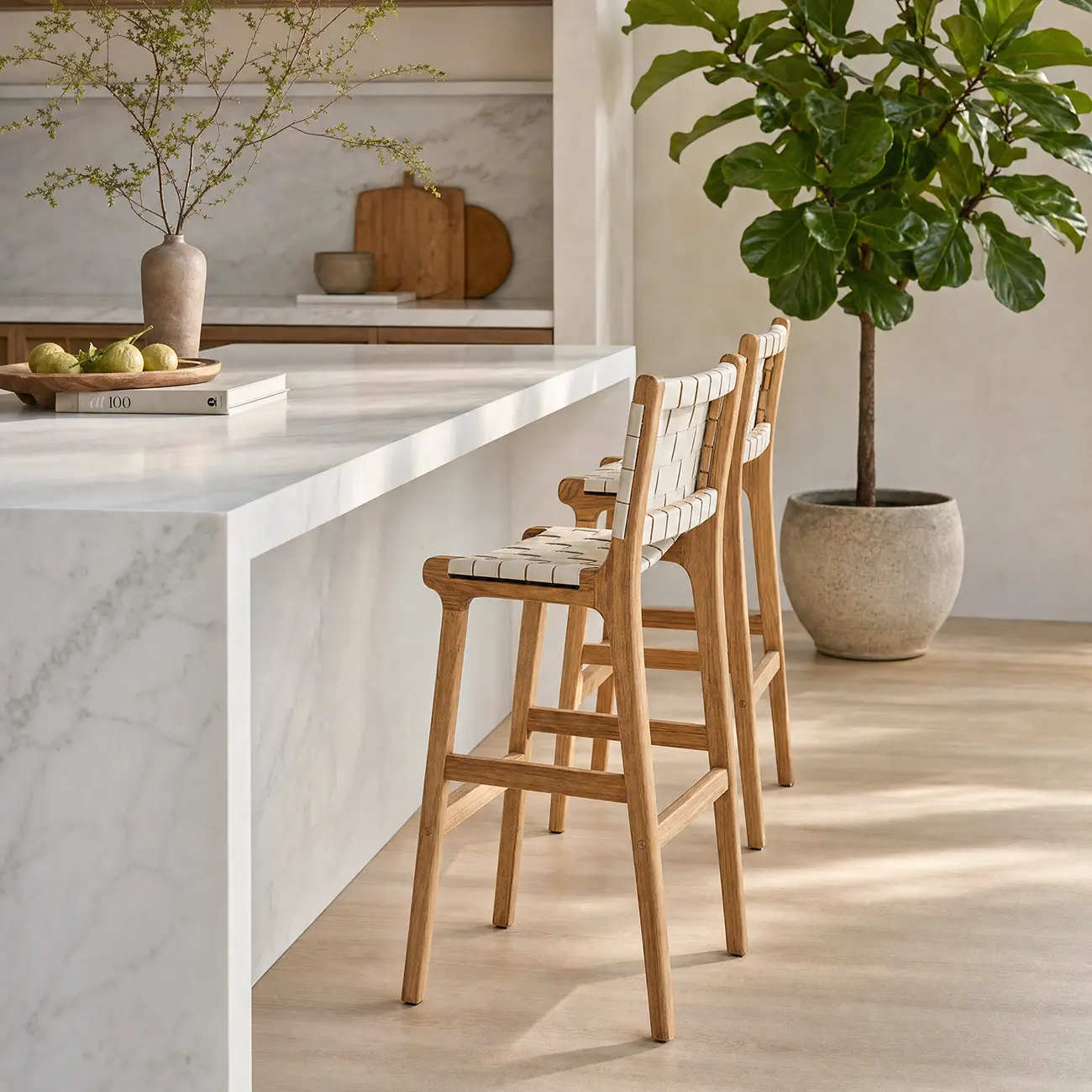 Scandinavian Solid Wood Bar Stool In Paper Cord And Faux Leather Image - 1 | homeyfad