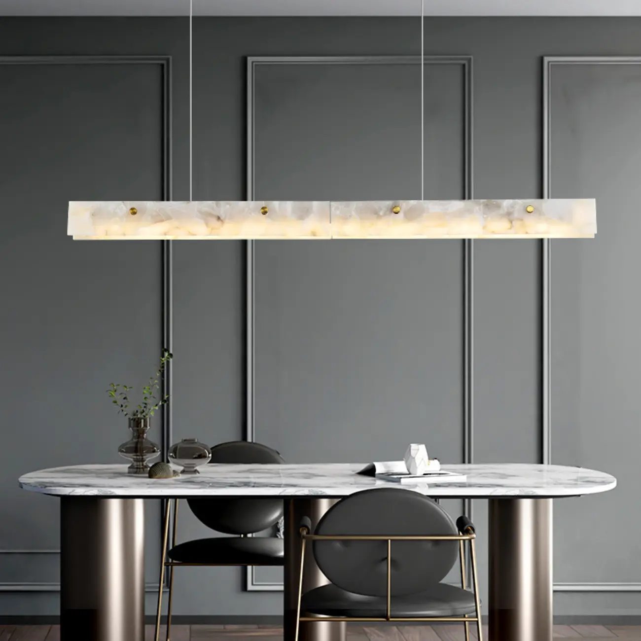 Quiet Luxury Alabasterer Linear Chandelier With Brass Finish Image - 5 | homeyfad