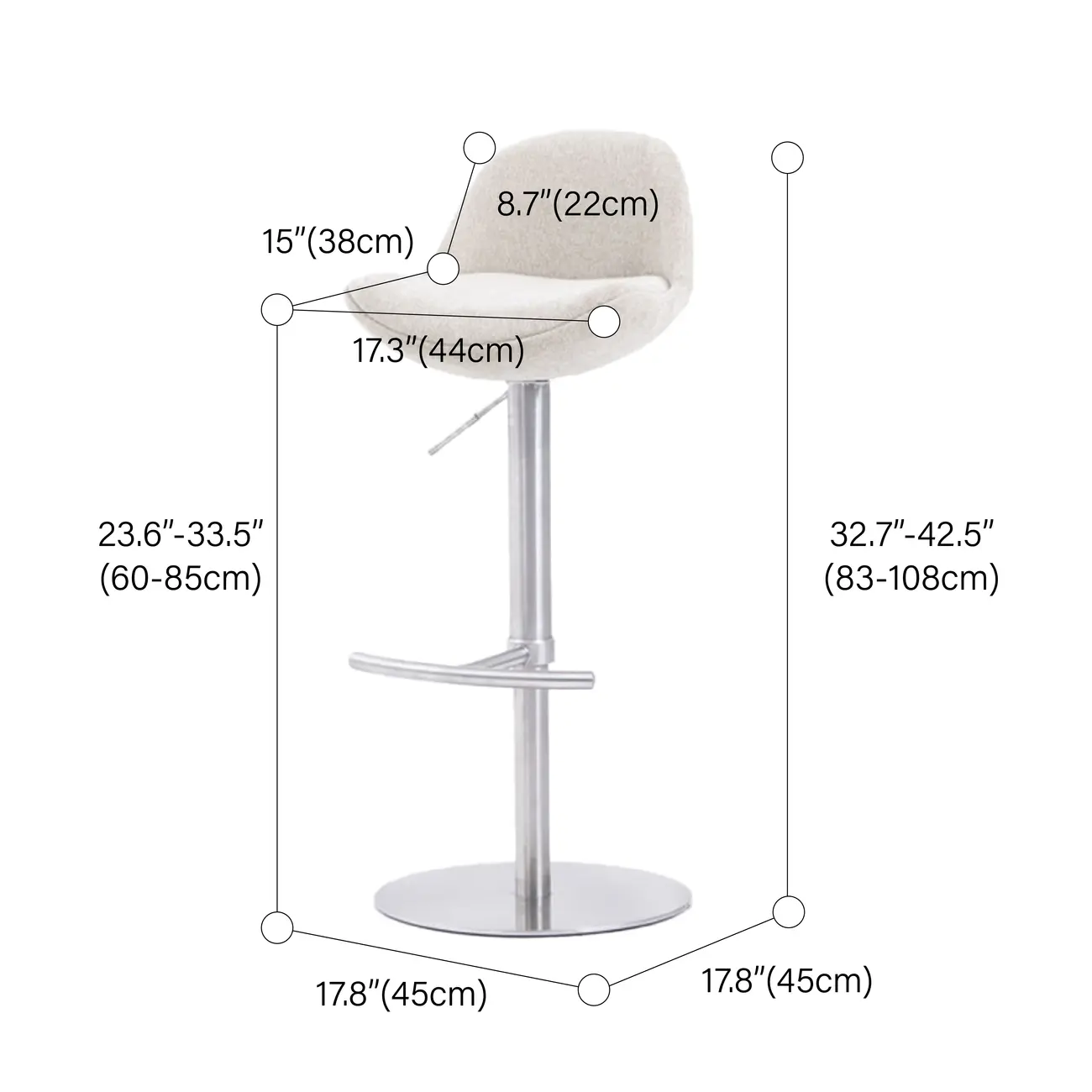 Italian Minimalist Upholstered Swivel Adjustable Bar Stool with Low Back #size | homeyfad