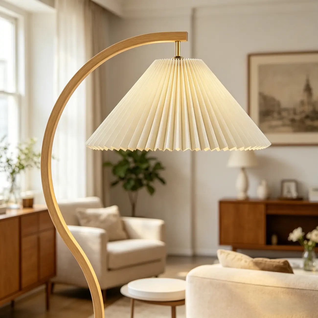 Modern Arched Floor Lamp with Adjustable Pleated Shade Image - 4 | homeyfad