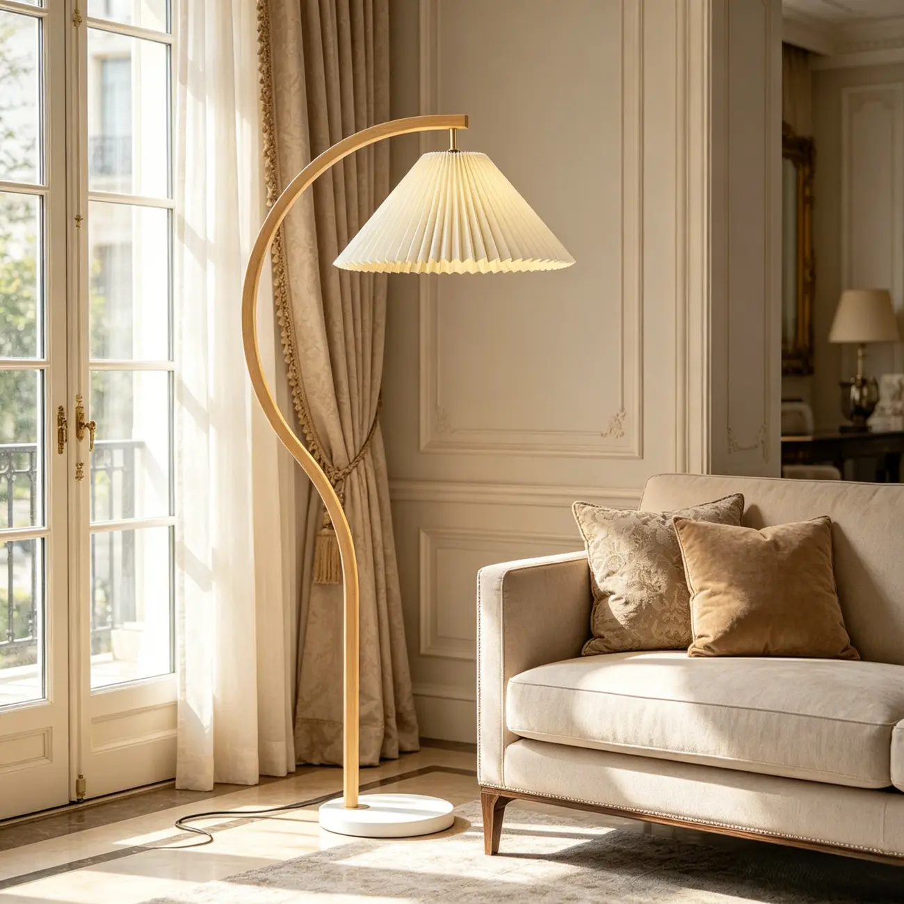 Modern Arched Floor Lamp with Adjustable Pleated Shade Image - 1 | homeyfad