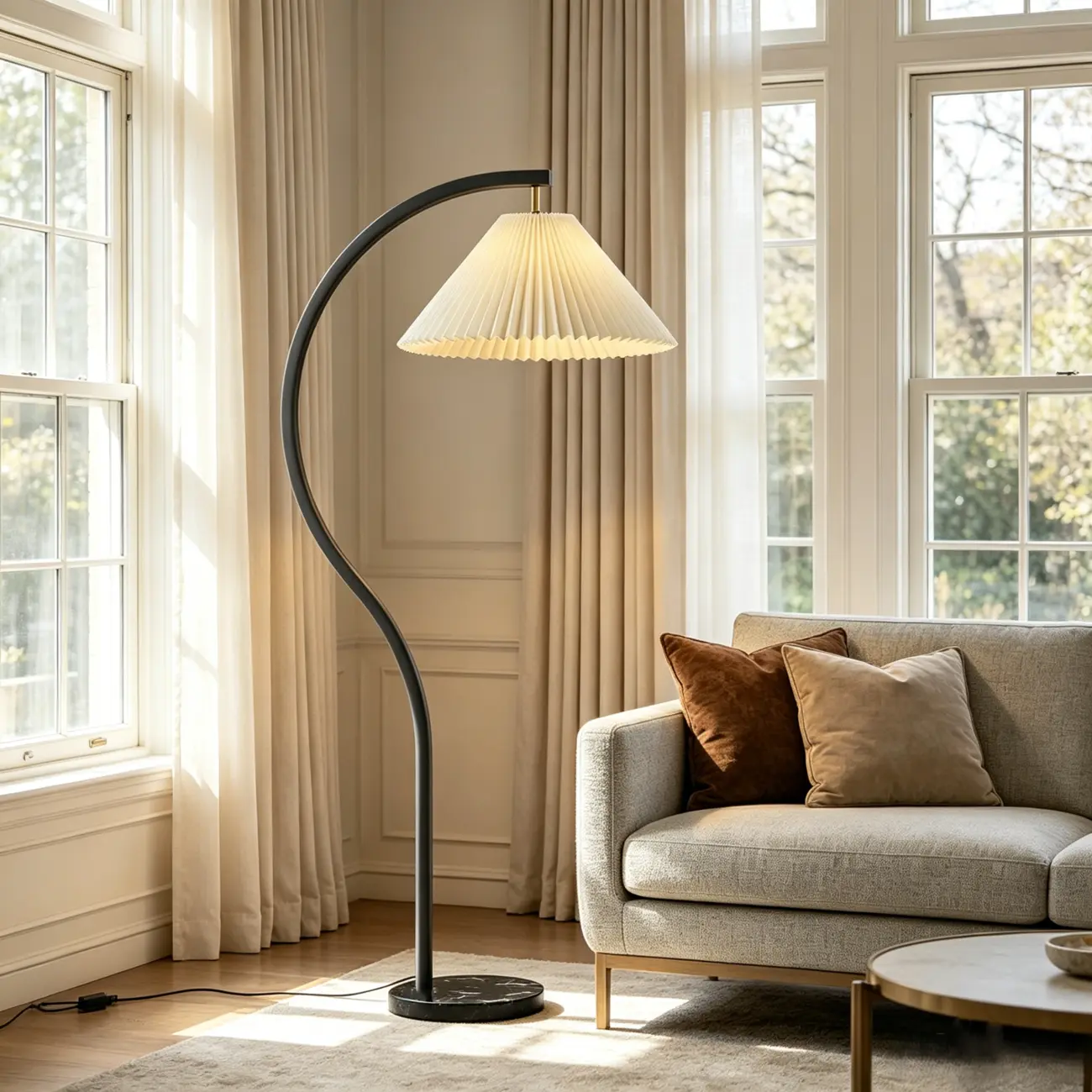 Modern Arched Floor Lamp with Adjustable Pleated Shade Image - 2 | homeyfad
