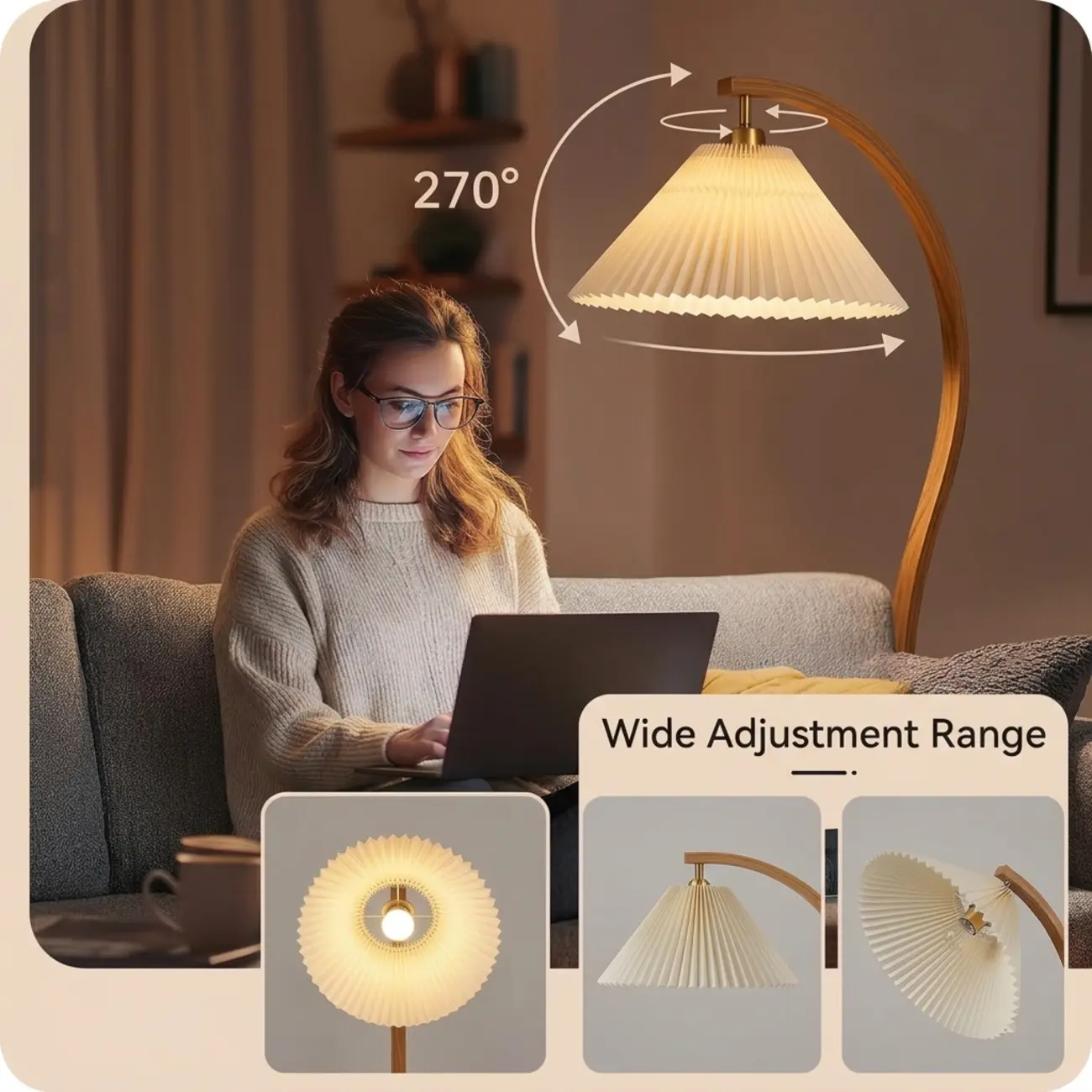 Modern Arched Floor Lamp with Adjustable Pleated Shade Image - 7 | homeyfad