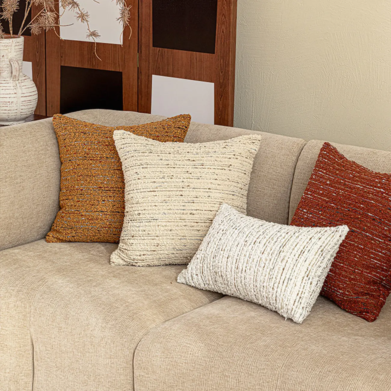 Mid-Century Modern Solid Textured Boucle Throw Pillow for Sofa Image - 2 | homeyfad