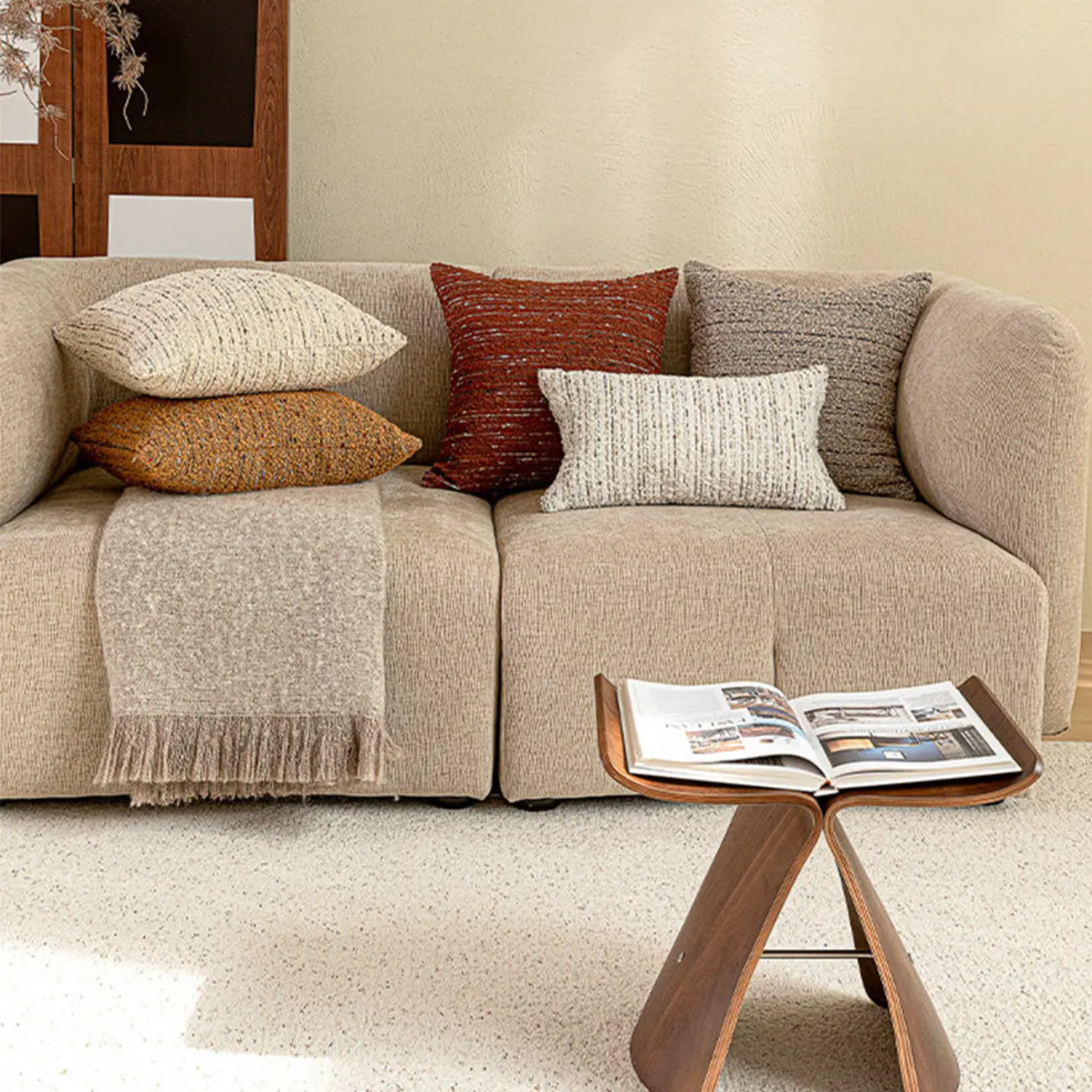 Mid-Century Modern Solid Textured Boucle Throw Pillow for Sofa Image - 3 | homeyfad
