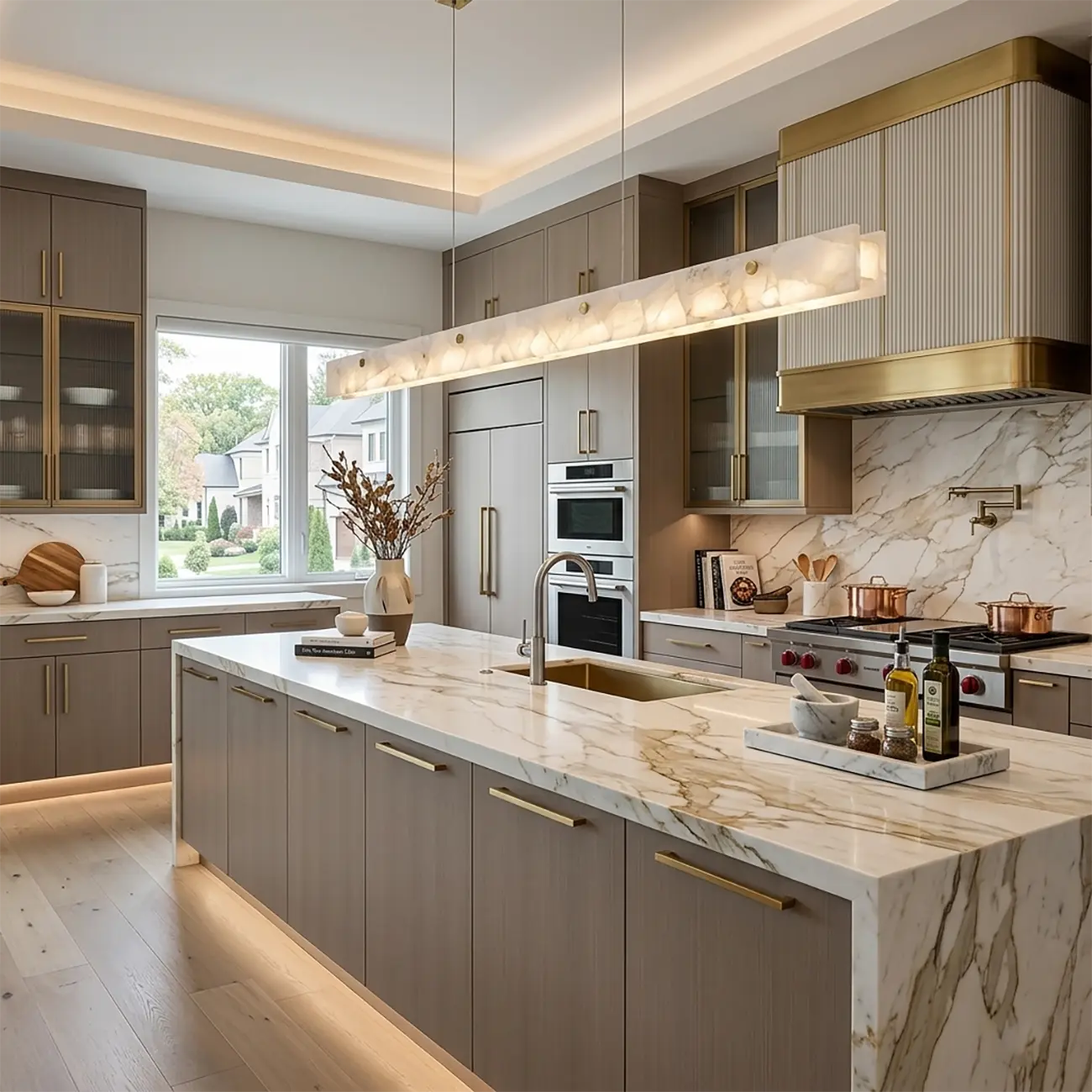 Quiet Luxury Alabasterer Linear Chandelier With Brass Finish Image - 2 | homeyfad