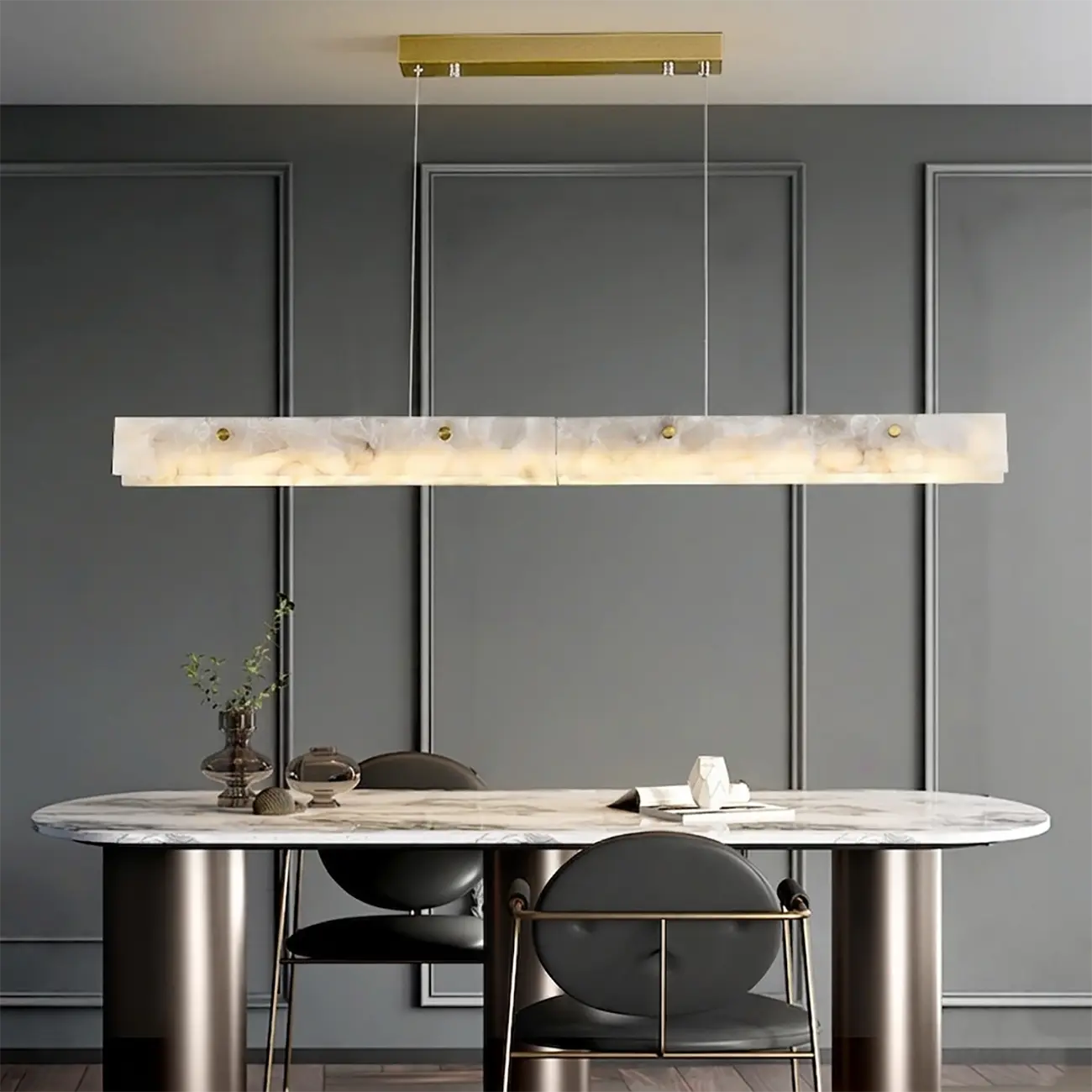 Quiet Luxury Alabasterer Linear Chandelier With Brass Finish Image - 1 | homeyfad