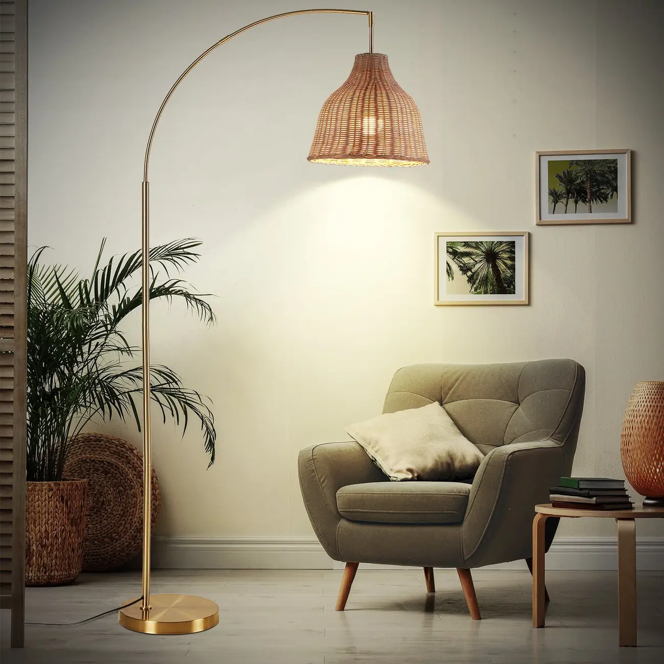 72" Boho Arched Floor Lamp With Hand-woven Rattan Shade Image - 4 | homeyfad