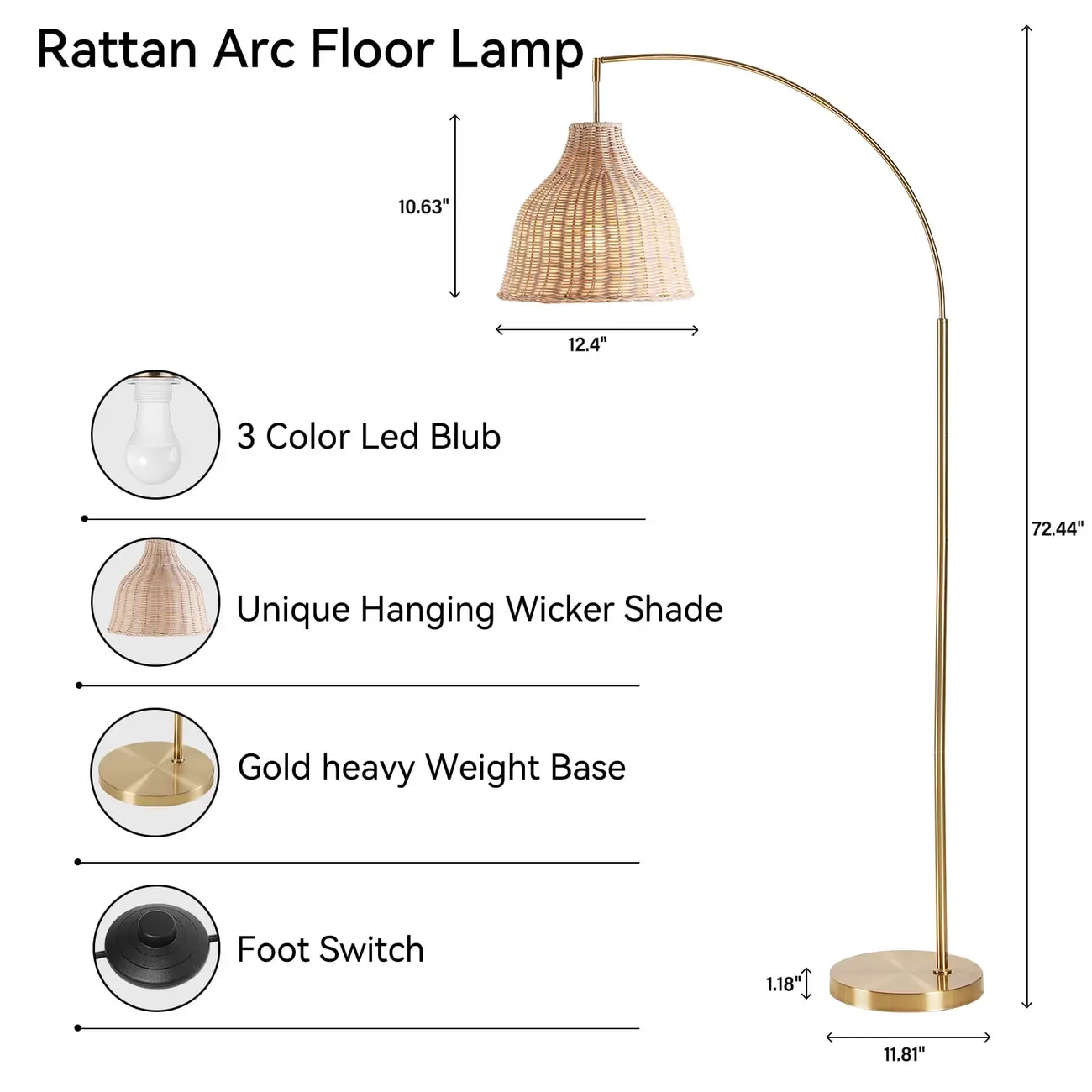72" Boho Arched Floor Lamp With Hand-woven Rattan Shade #size | homeyfad