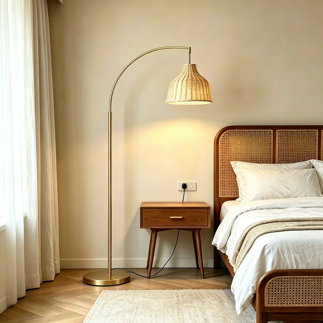 72" Boho Arched Floor Lamp With Hand-woven Rattan Shade Image - 2 | homeyfad