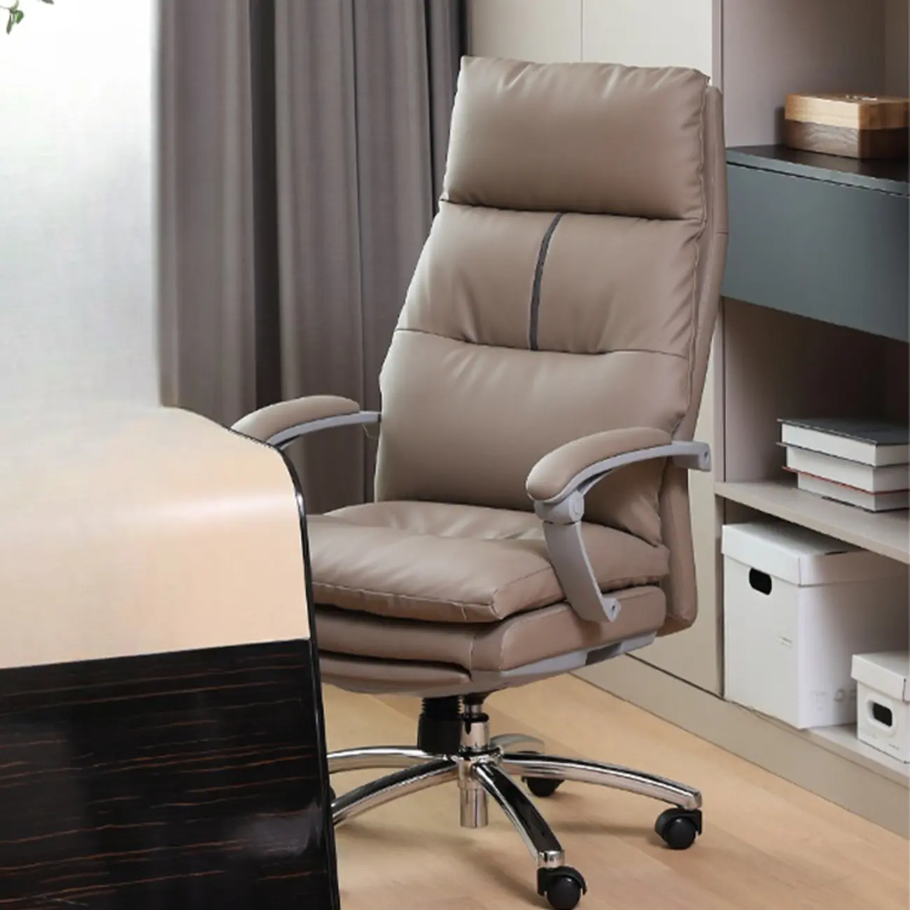 Upholstered Brown Leather Adjustable Swivel Office Chair Image - 2 | homeyfad