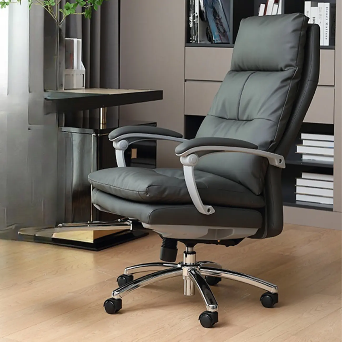 Upholstered Brown Leather Adjustable Swivel Office Chair Image - 3 | homeyfad