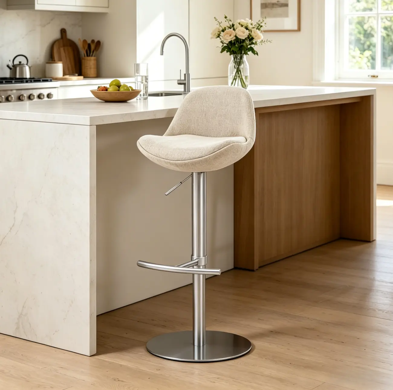 Italian Minimalist Upholstered Swivel Adjustable Bar Stool with Low Back Image - 1 | homeyfad