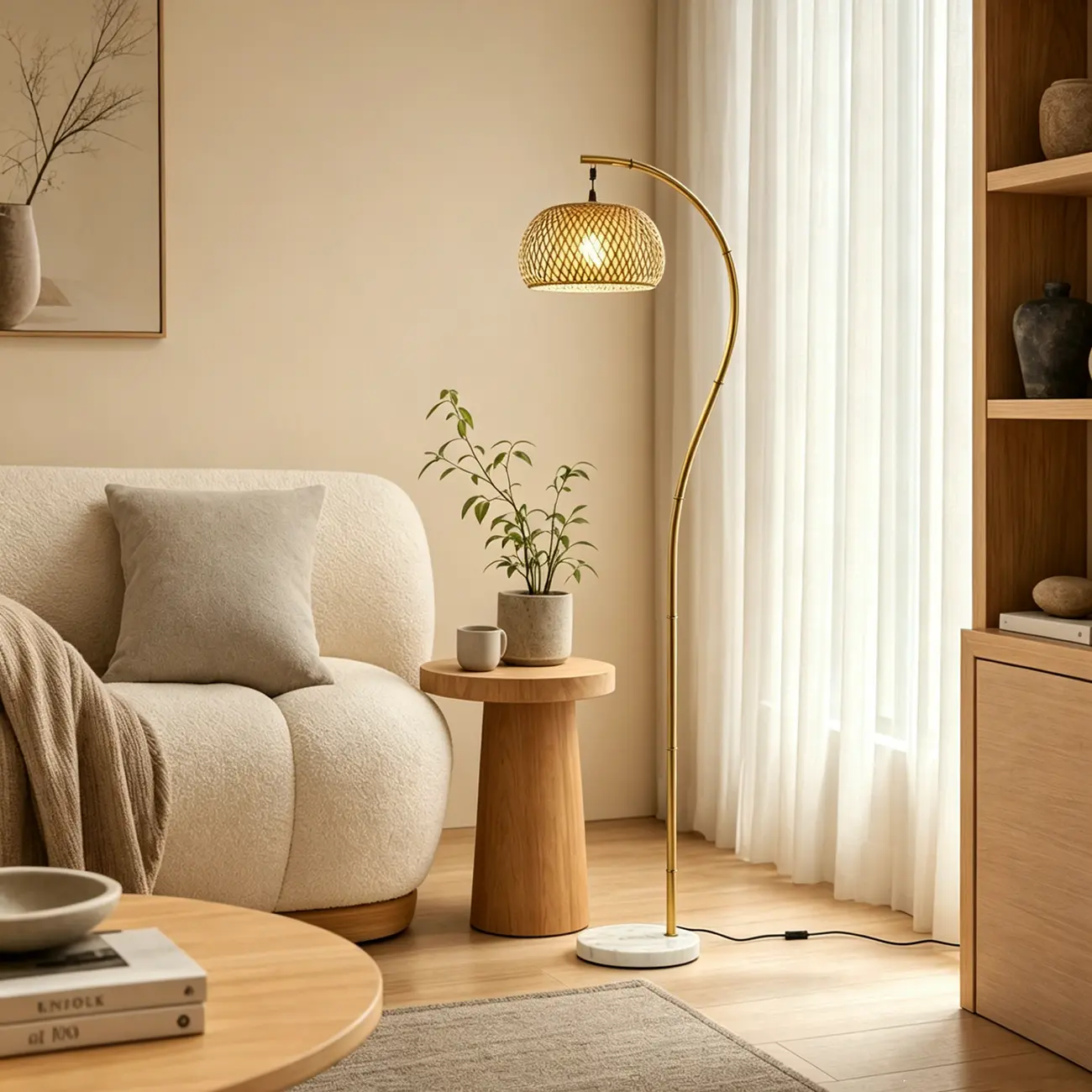 Japandi Modern 62"H Hand-woven Bamboo Shade Arched Floor Lamp Image - 2 | homeyfad