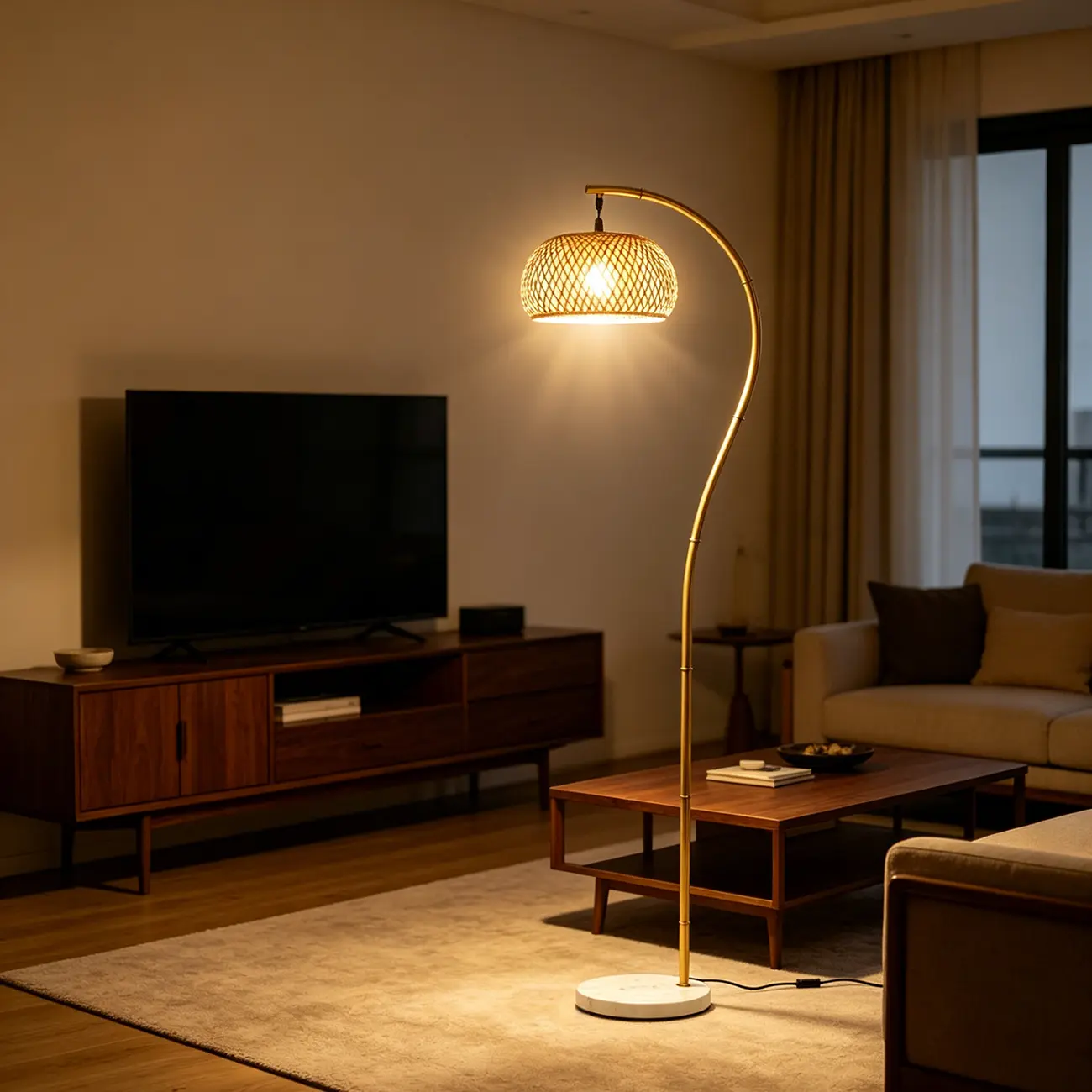 Japandi Modern 62"H Hand-woven Bamboo Shade Arched Floor Lamp Image - 3 | homeyfad