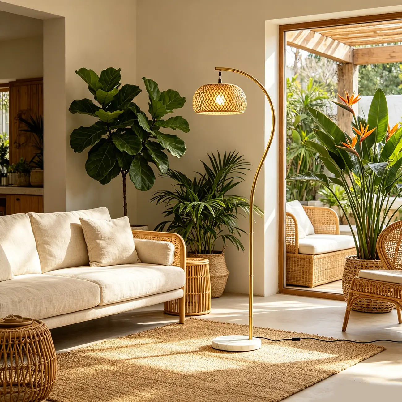 Japandi Modern 62"H Hand-woven Bamboo Shade Arched Floor Lamp Image - 4 | homeyfad