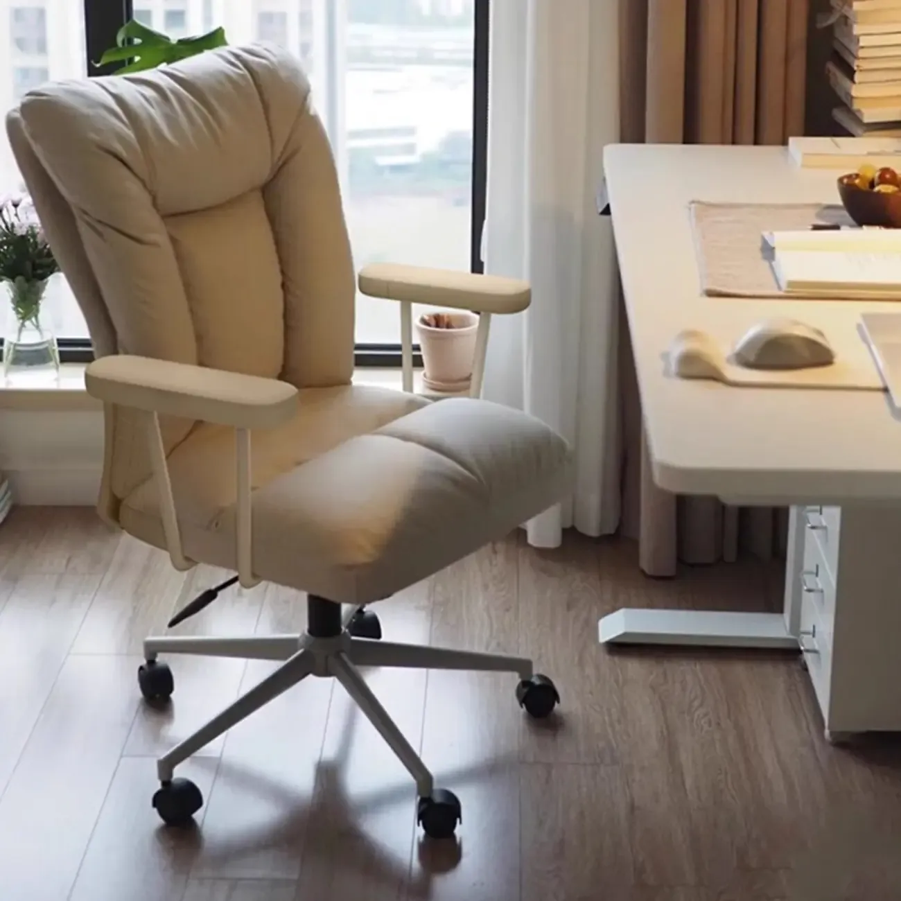 Apricot Fabric Adjustable Swivel Office Chair Image - 4