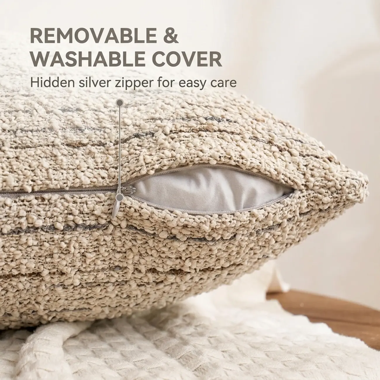 Mid-Century Modern Solid Textured Boucle Throw Pillow for Sofa Image - 5 | homeyfad