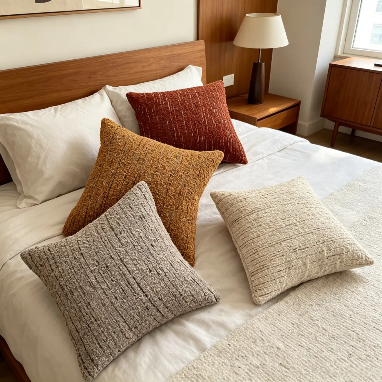 Mid-Century Modern Solid Textured Boucle Throw Pillow for Sofa Image - 4 | homeyfad