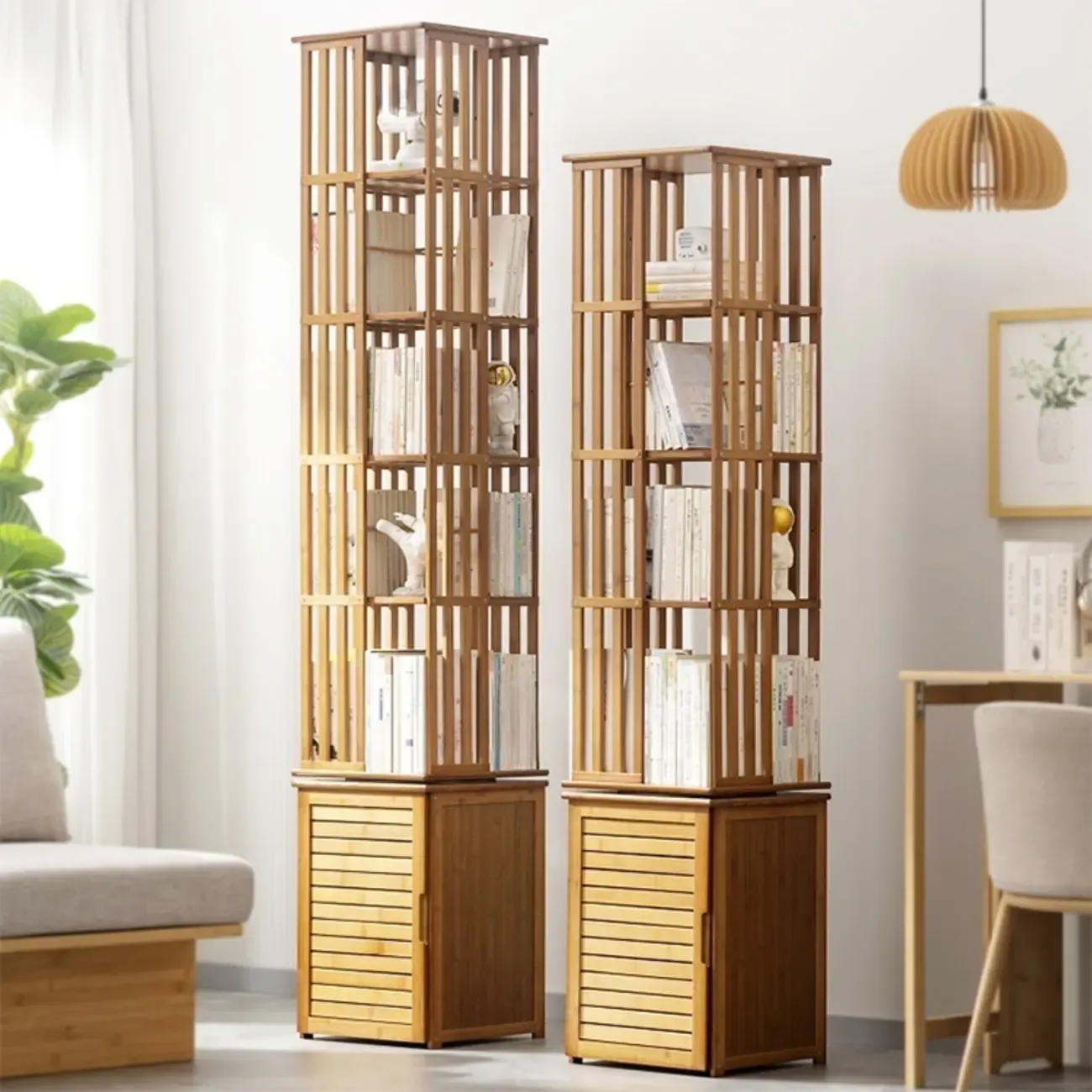 Brown Square Wooden Narrow Storage Corner Bookcase Image - 1