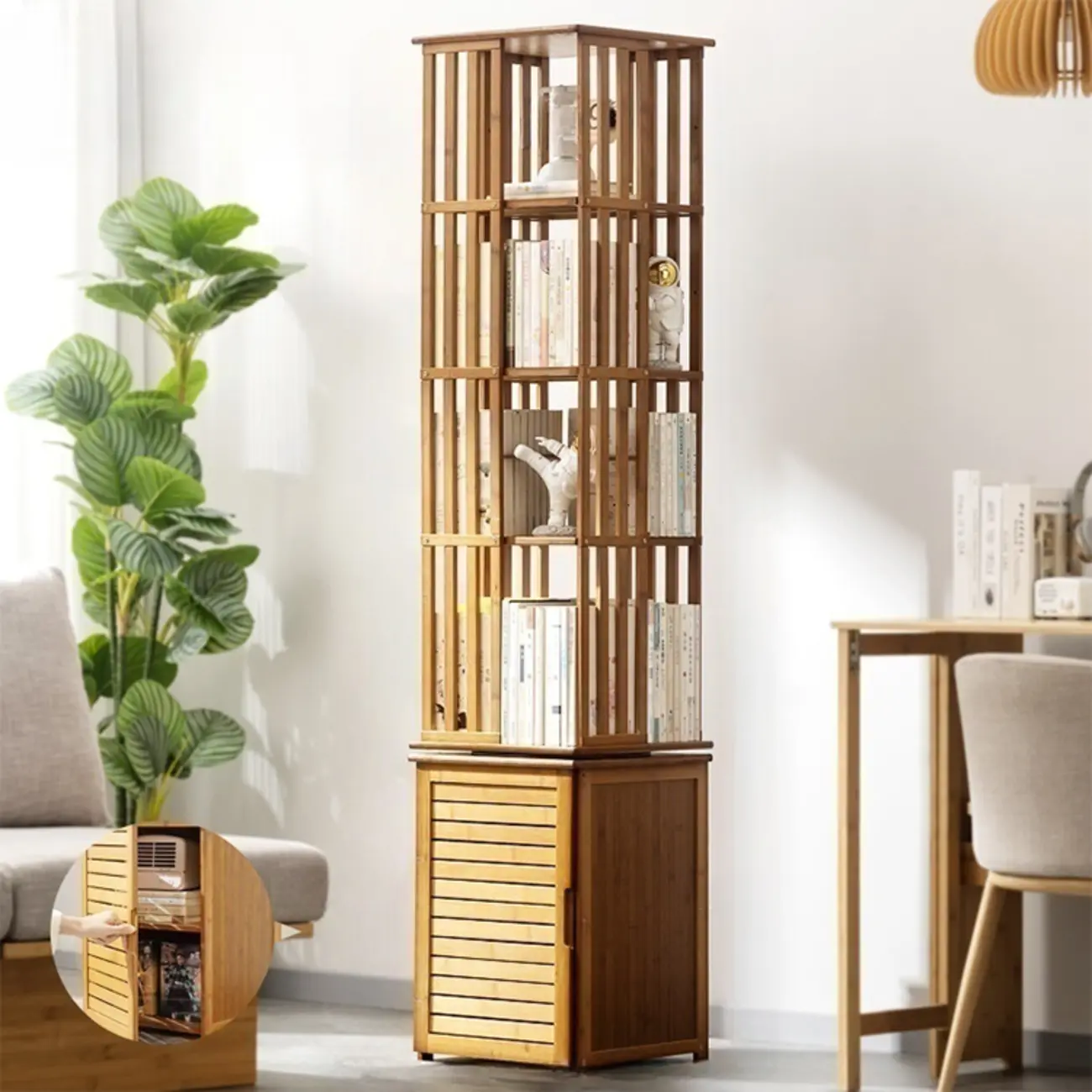 Brown Square Wooden Narrow Storage Corner Bookcase Image - 2 | homeyfad