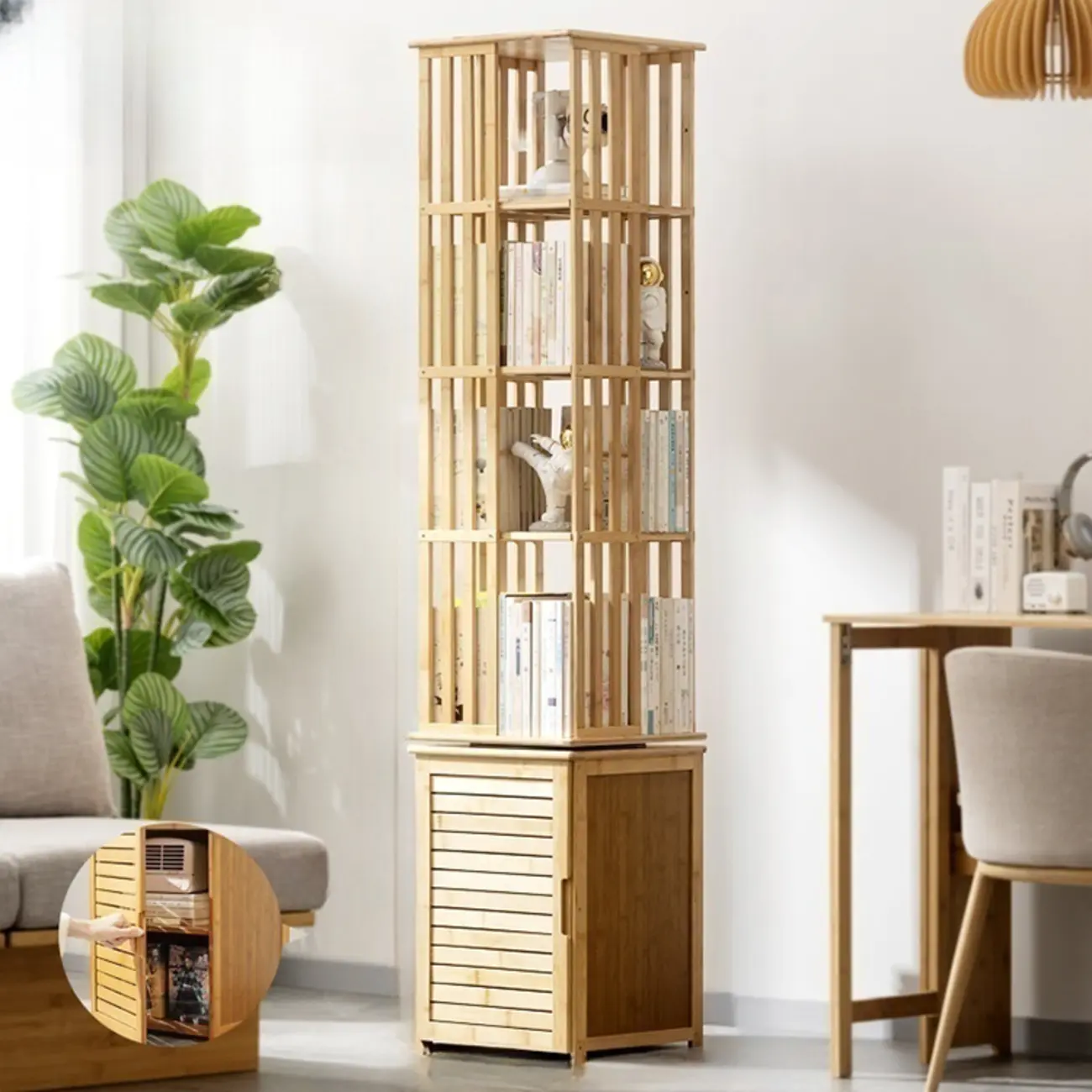 Brown Square Wooden Narrow Storage Corner Bookcase Image - 3 | homeyfad