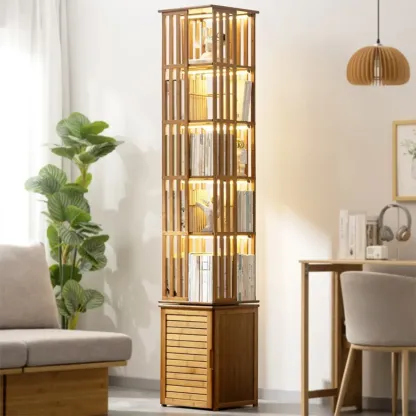 Brown Square Wooden Narrow Storage Corner Bookcase Image - 4