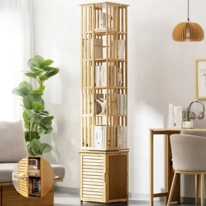 Brown Square Wooden Narrow Storage Corner Bookcase Image - 7