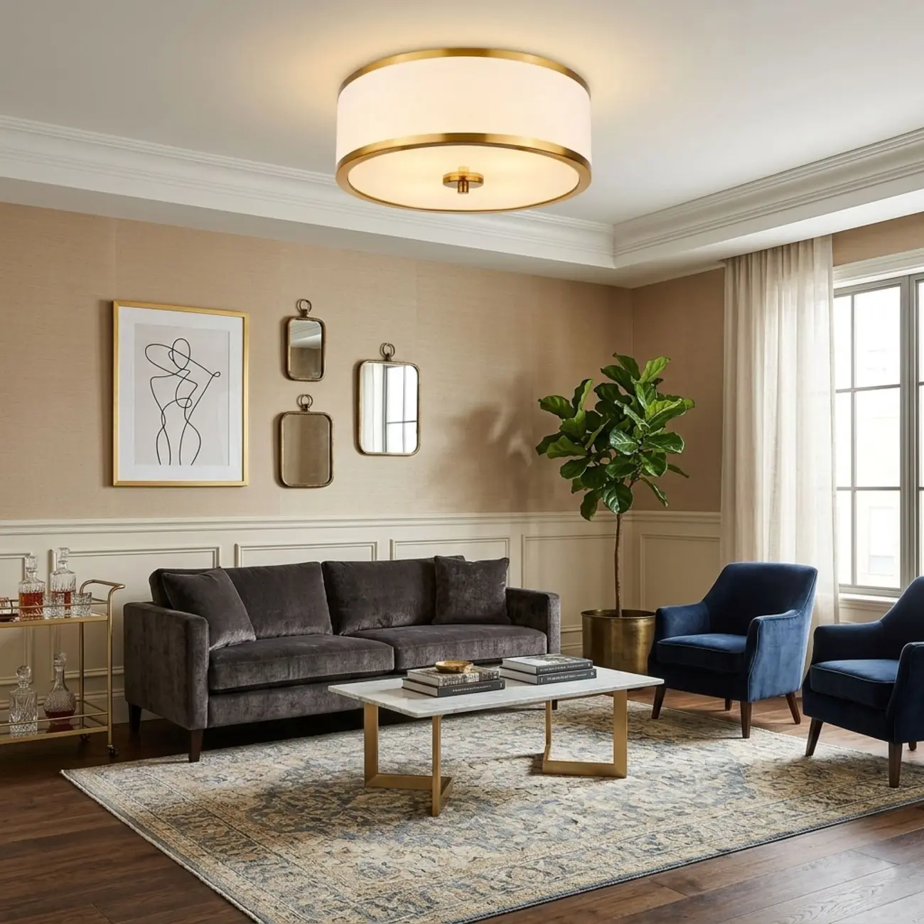Modern Round Fabric Shade Flush Mount Ceiling Light Image - 2 | homeyfad