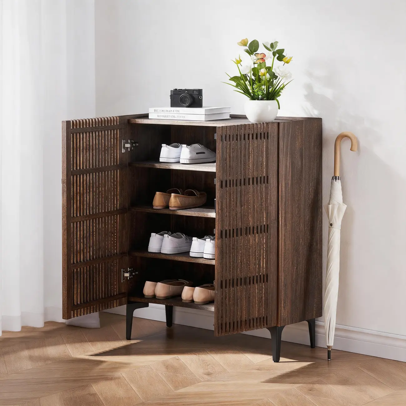 Mid-Century Modern Slatted Solid Wood Shoe Cabinet Image - 7 | homeyfad