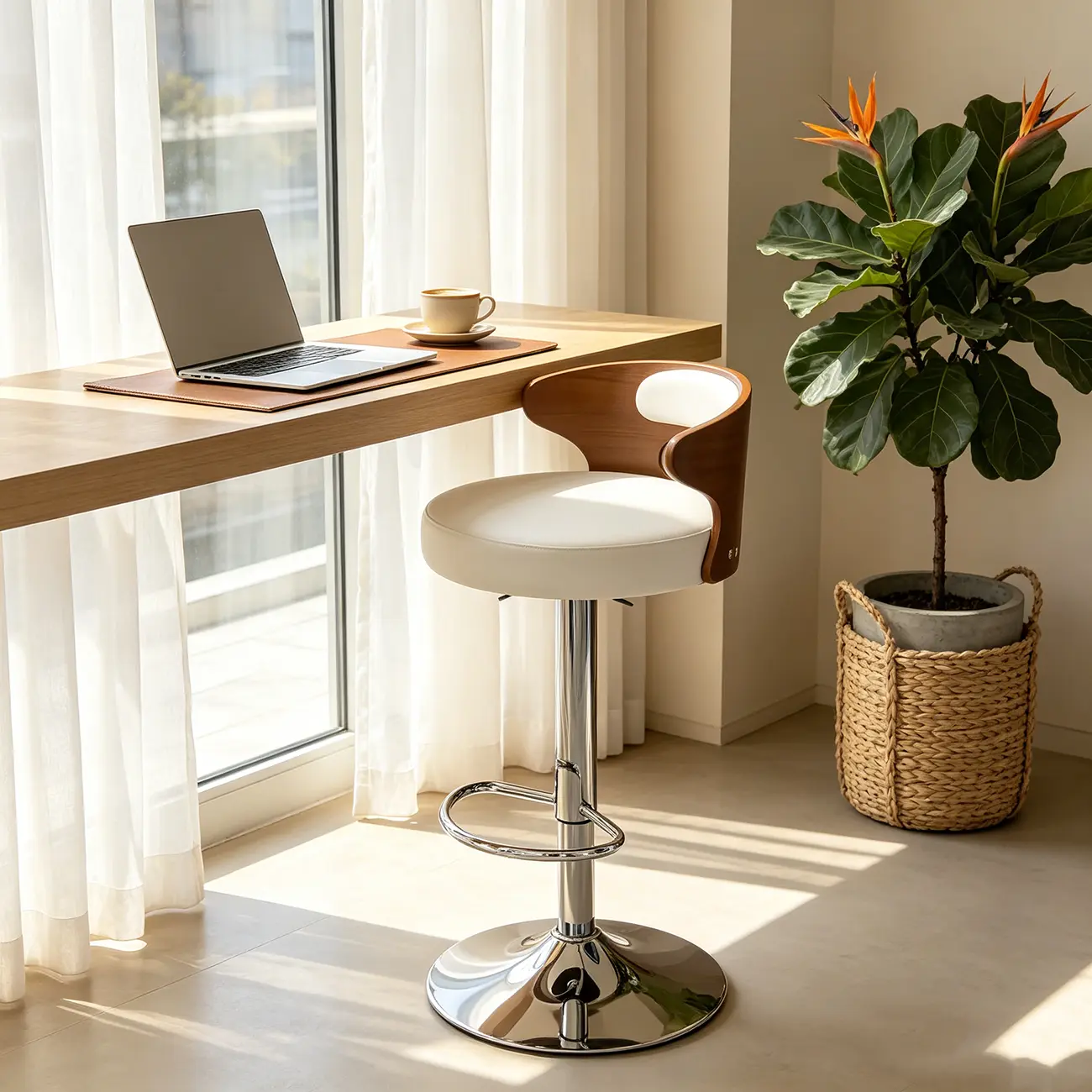 Elegant Brown Wood White Leather Swivel Adjustable Bar Stool Image - 4 | homeyfad