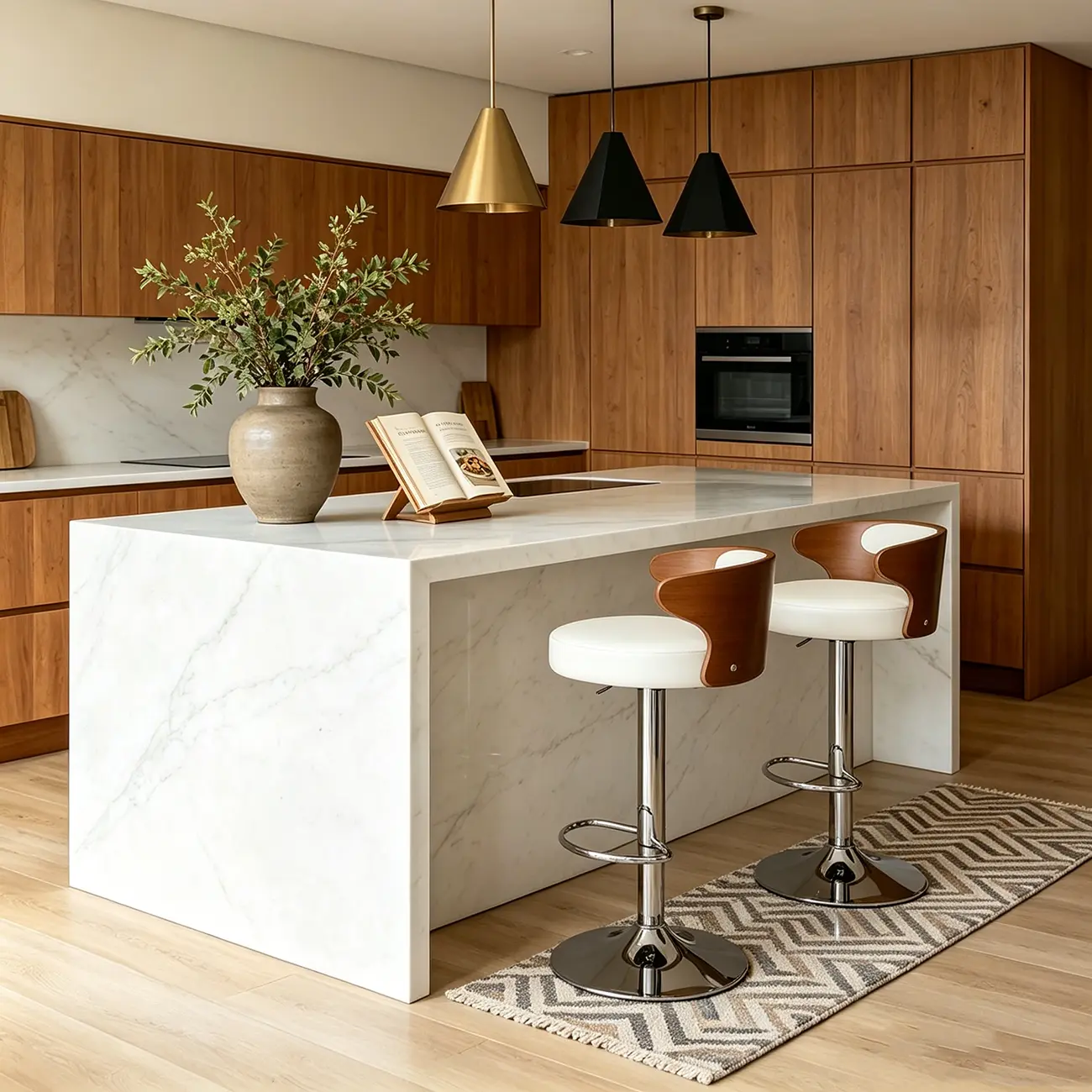 Elegant Brown Wood White Leather Swivel Adjustable Bar Stool Image - 7 | homeyfad