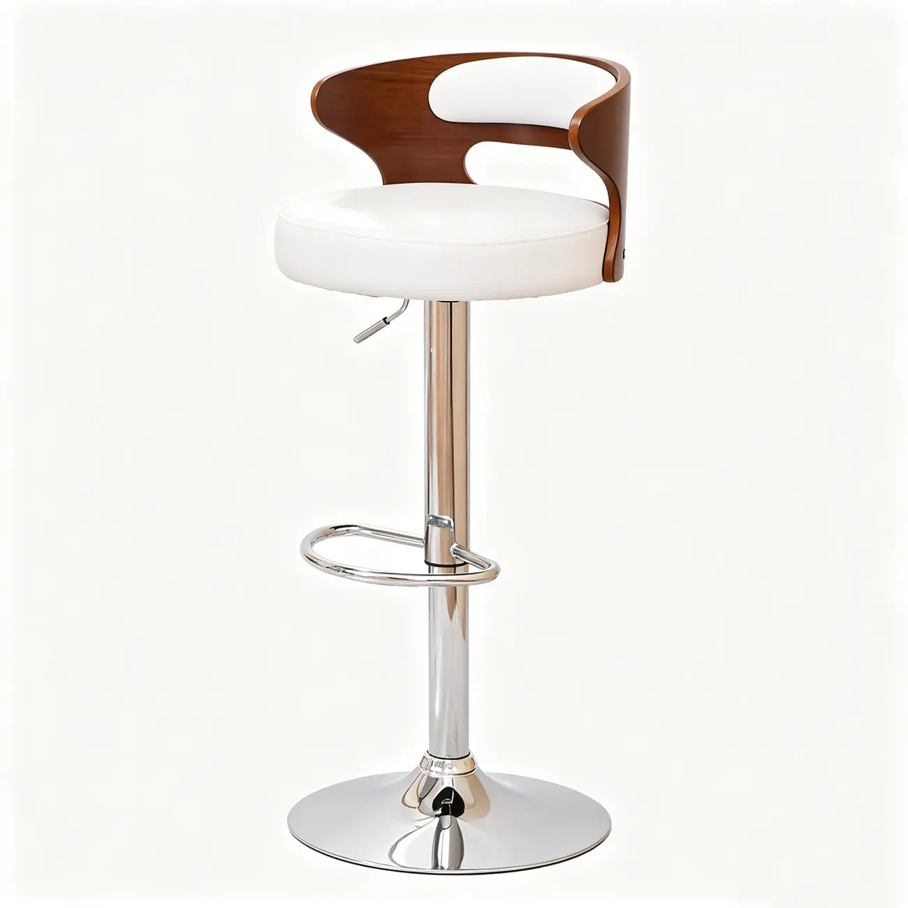 Elegant Brown Wood White Leather Swivel Adjustable Bar Stool Image - 14 | homeyfad