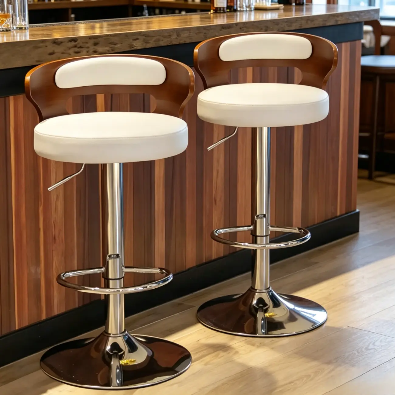 Elegant Brown Wood White Leather Swivel Adjustable Bar Stool Image - 2 | homeyfad