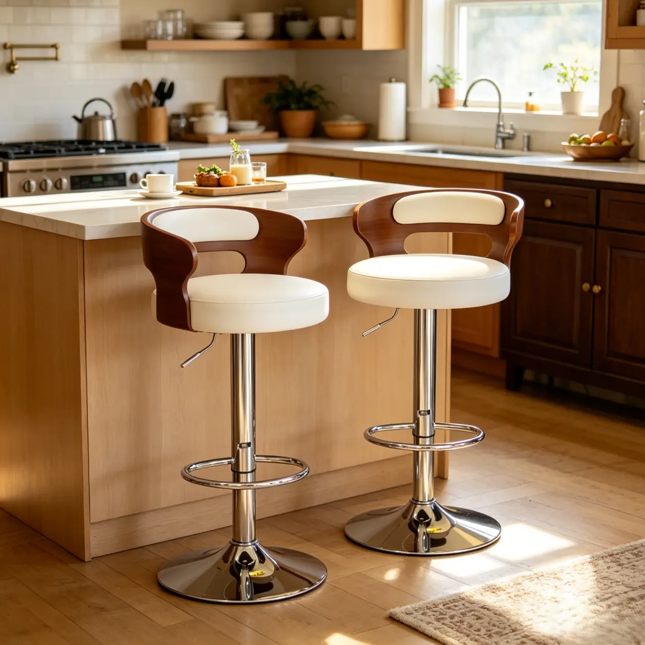 Elegant Brown Wood White Leather Swivel Adjustable Bar Stool Image - 3 | homeyfad