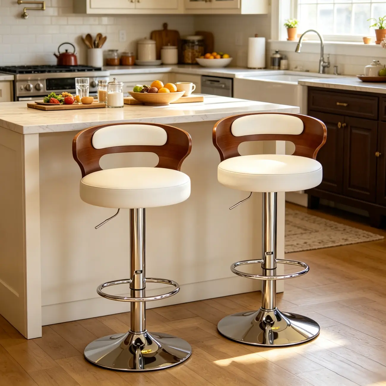 Elegant Brown Wood White Leather Swivel Adjustable Bar Stool Image - 1 | homeyfad