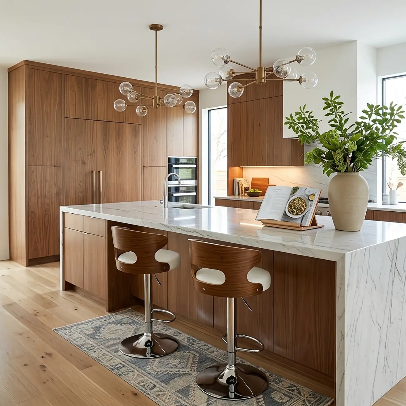 Elegant Brown Wood White Leather Swivel Adjustable Bar Stool Image - 8 | homeyfad
